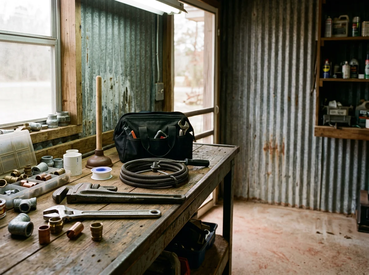 Plumbing tools and supplies arranged for a service call, with pipe fittings, wrenches, and a work bag. The image shows the tools of the trade.