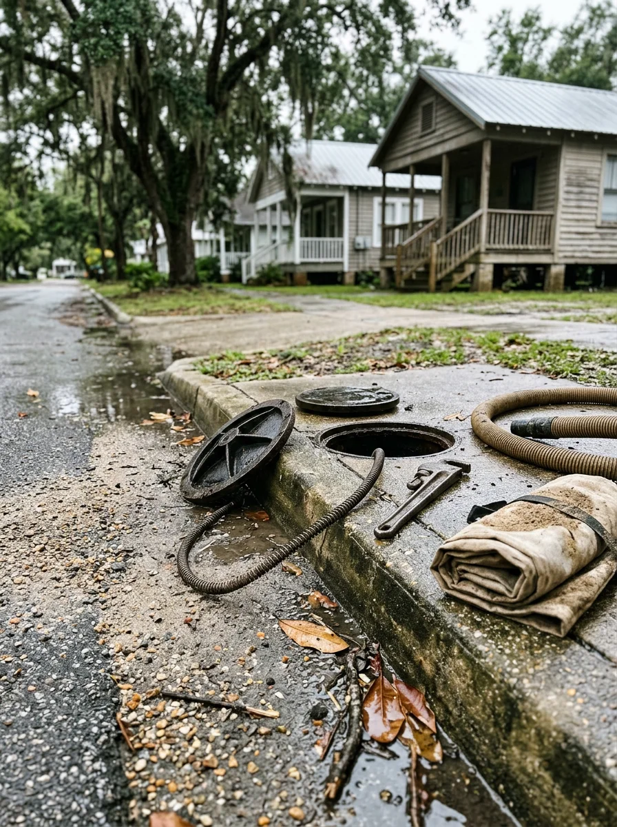 Plumber clearing storm debris from a blocked sewer lateral in a Biloxi, MS coastal neighborhood after a Gulf Coast rain event.