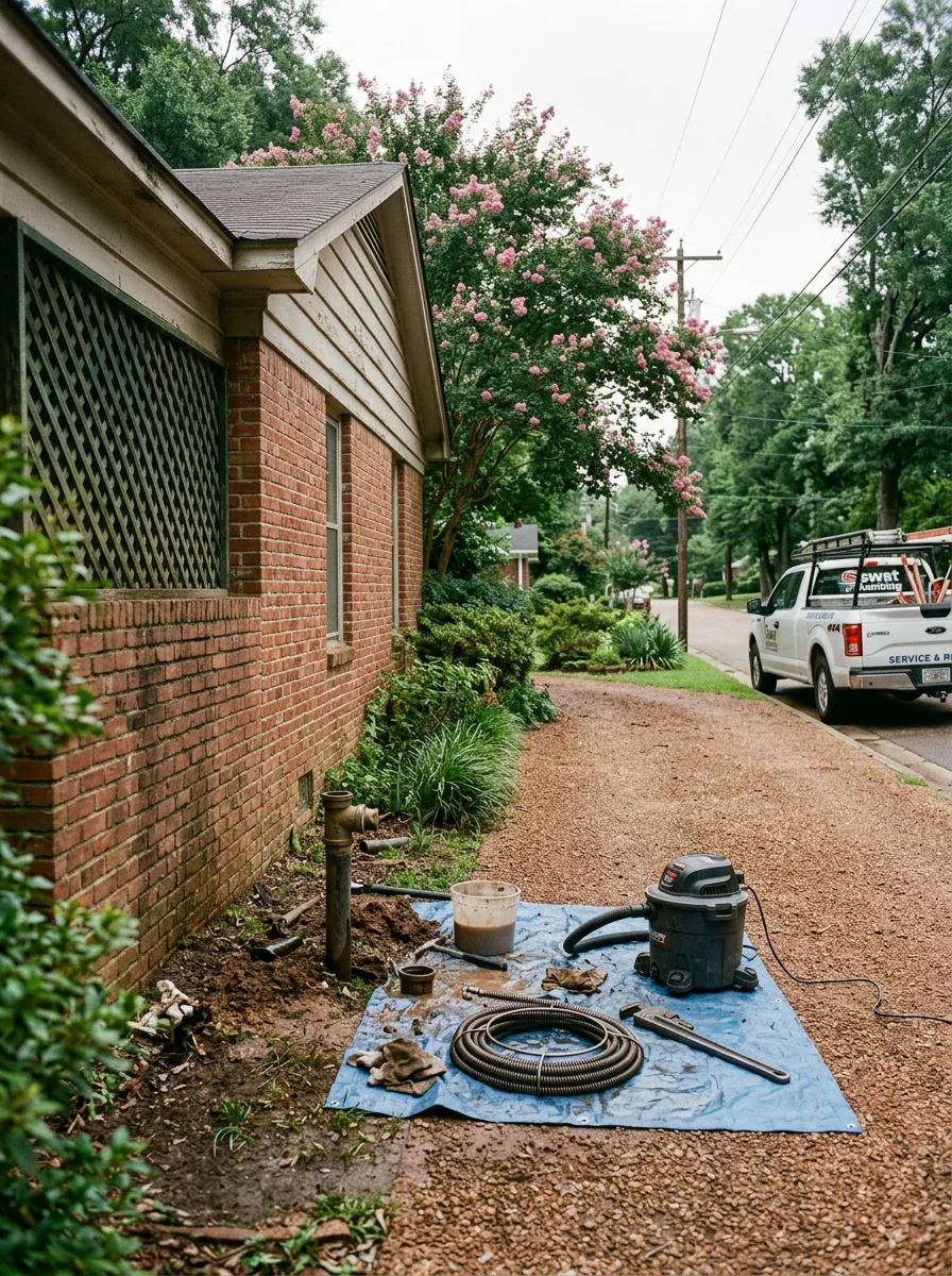 Plumber clearing a blocked cast-iron drain line in an older Brookhaven, MS residential neighborhood.