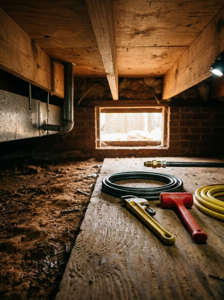 Plumber servicing a gas line connection beneath a mid-century home in Columbia, MS.