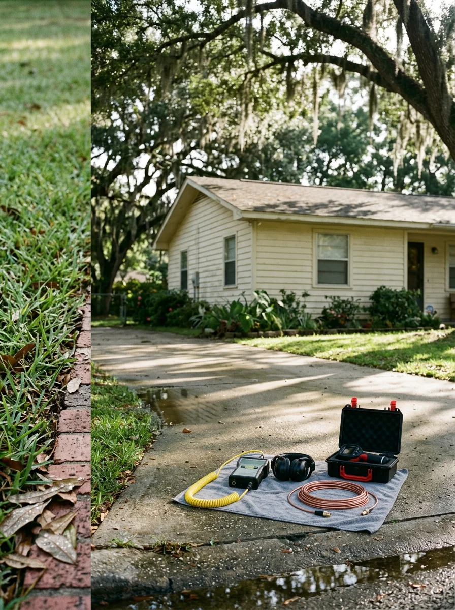 Plumber using leak detection equipment on a slab foundation home in the Bayou View neighborhood of Gulfport, MS.