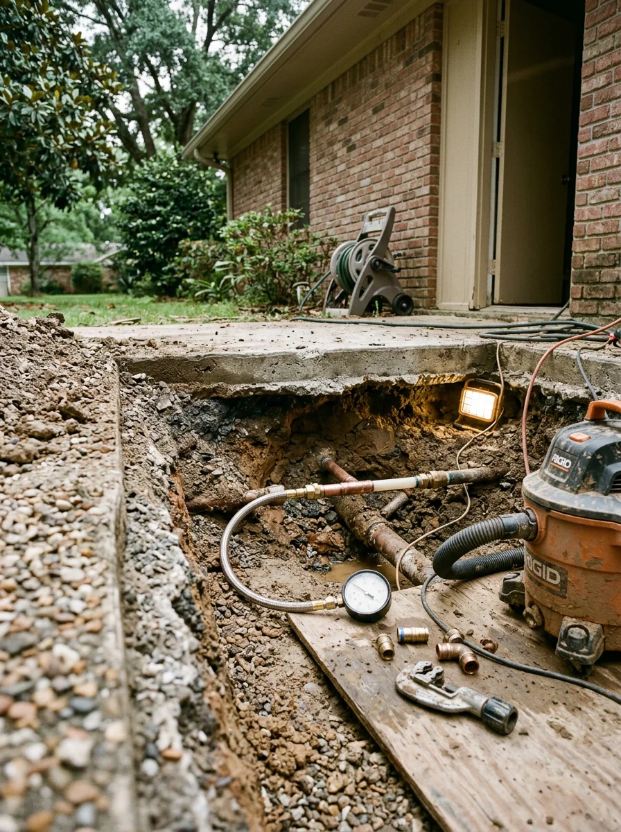 Plumber repairing a slab leak beneath a concrete foundation in a Hattiesburg, MS residential neighborhood.