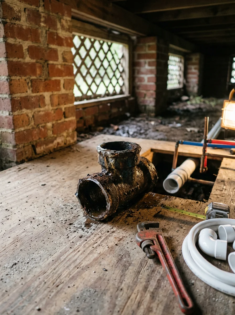 Close-up of corroded cast-iron drain pipe removed from an older Meadville, MS home during a repiping job.