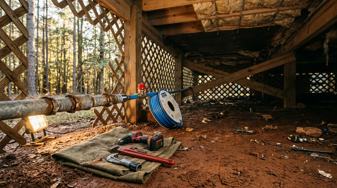 A plumber inspecting an aging galvanized supply line beneath a rural Mississippi home on a large wooded lot in Franklin County.