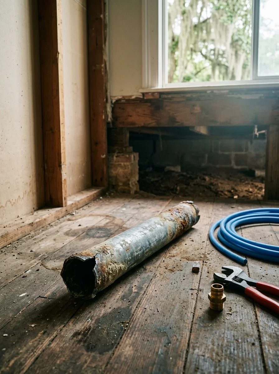 Corroded galvanized supply pipe removed from a mid-century Natchez, MS home during a whole-home repiping project.
