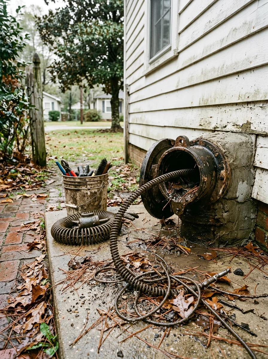 Plumber clearing a storm-debris blockage from a main drain line in an older Picayune, MS home.