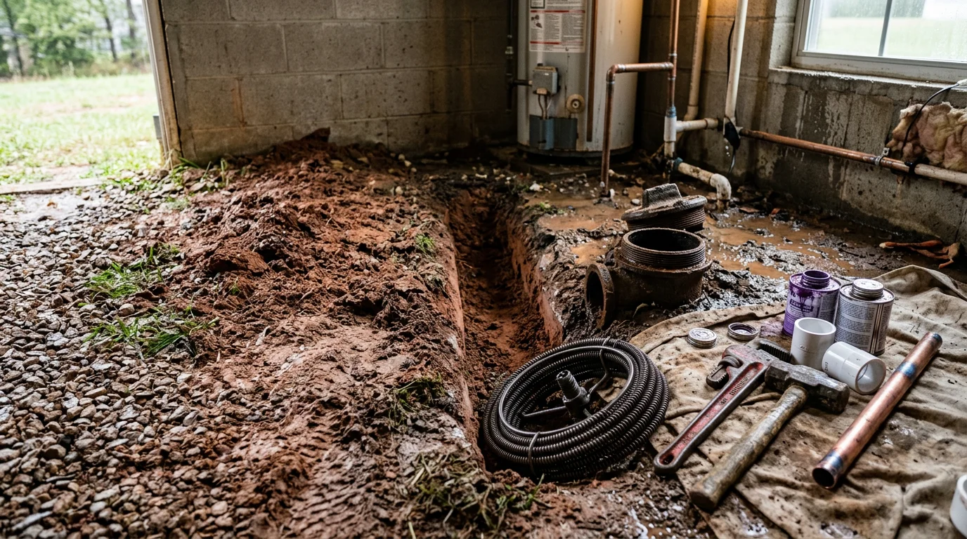 A plumber repairing a burst pipe under a sink in a Mississippi home during an after-hours emergency call. Water shutoff valve and repair tools are visible in the foreground.