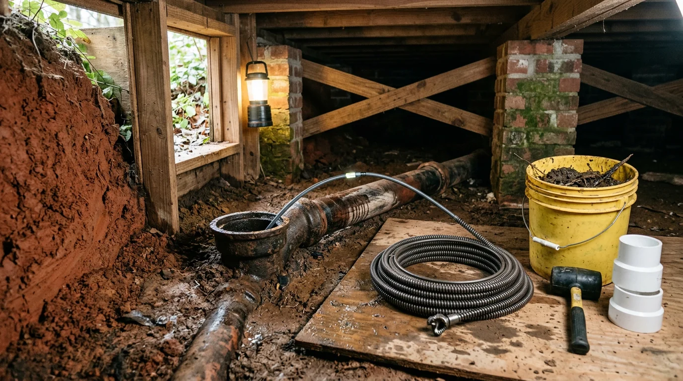 A plumber clearing a blocked kitchen drain line in a Mississippi home, with a drain snake inserted into the cleanout access point. The work is taking place in a residential property in the Meadville, Mississippi area.