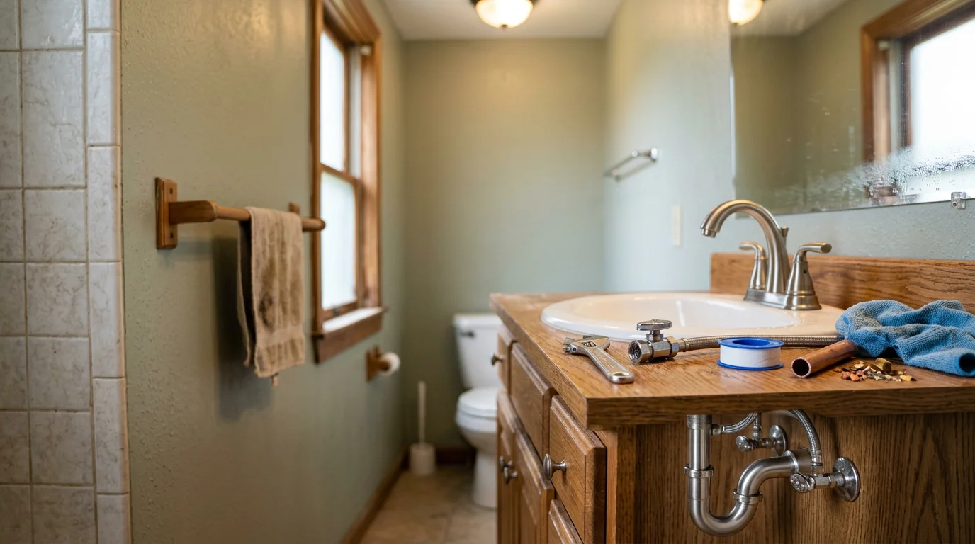 A plumber installing a new bathroom sink faucet in a Mississippi home, with clean supply line connections visible beneath the basin. The finished fixture sits flush against the sink deck with no visible corrosion or wear.