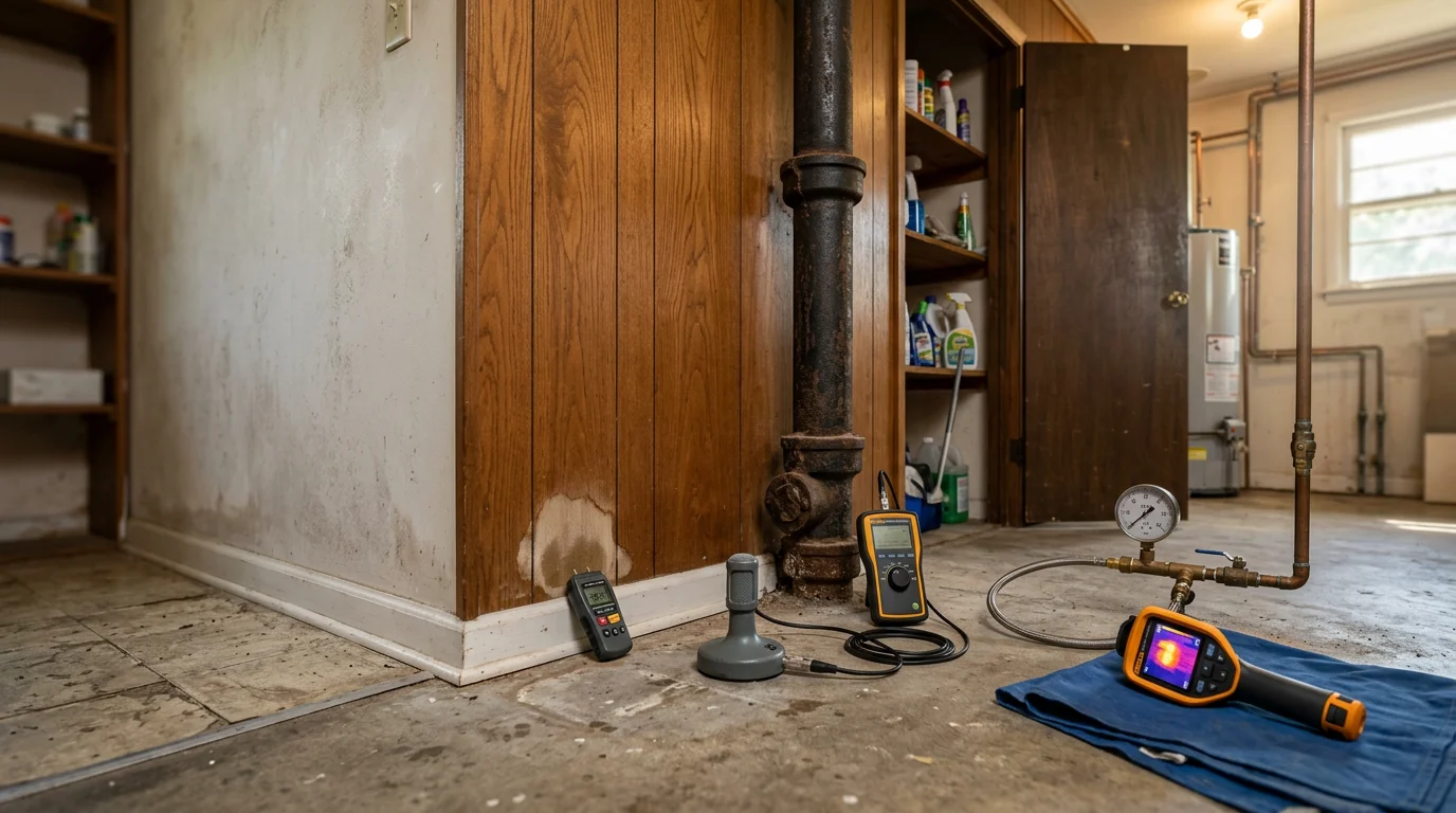 A Swat Plumbing LLC plumber using acoustic leak detection equipment on a residential floor in Meadville, Mississippi, to locate a hidden pipe leak beneath the slab.
