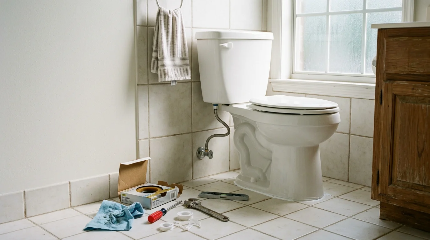 A plumber setting a new toilet on a wax ring seal in a residential bathroom in Meadville, Mississippi. The supply line and floor flange are visible, showing a clean installation in progress.